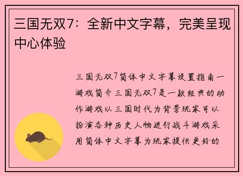 三国无双7：全新中文字幕，完美呈现中心体验